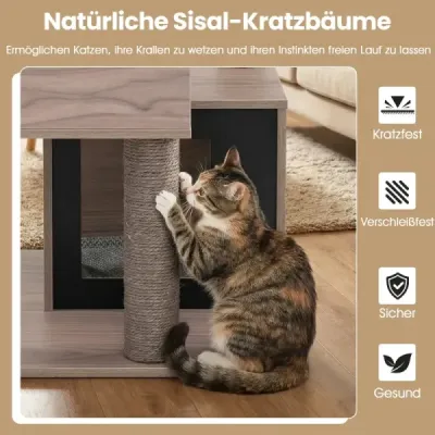 Moderný škrabadlo pre mačky do interiéru, 94 cm viacúrovňová drevená veža so sisalovými škrabadlami, sivá