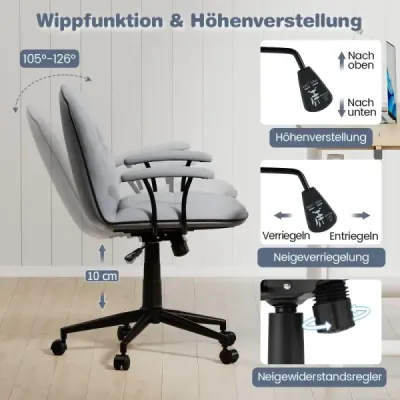 Ergonomická kancelárska stolička, koženková stolička s polstrovanými podrúčkami a širokým sedadlom, sivá