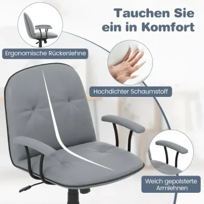 Ergonomická kancelárska stolička, koženková stolička s polstrovanými podrúčkami a širokým sedadlom, sivá
