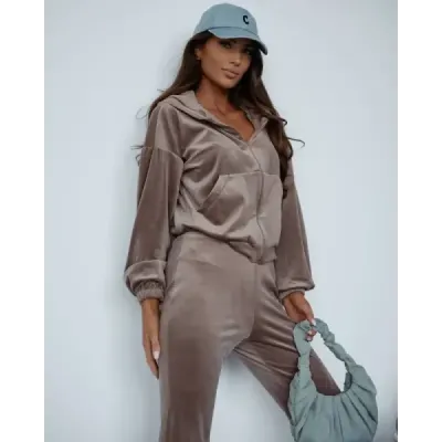 Dvojdielna zamatová súprava s rozšírenými nohavicami, cappuccino MODA821144