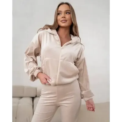 Dvojdielna zamatová súprava s rozšírenými nohavicami, béžová MODA821144