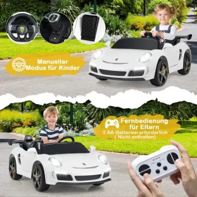 Detské elektrické auto RUF s licenciou, 12V batériové elektrické vozidlo s diaľkovým ovládaním pre rodičov, biele