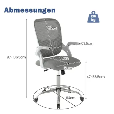 Ergonomická kancelárska stolička so sklápacími podrúčkami a hojdacou funkciou, počítačová stolička, sivá