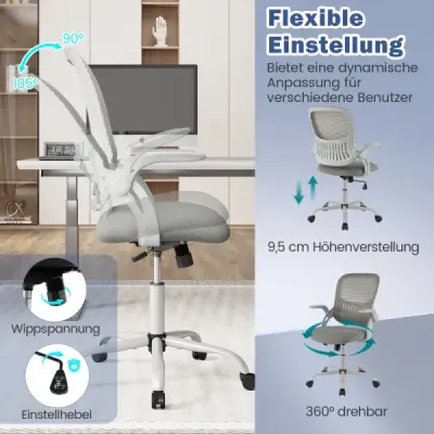 Ergonomická kancelárska stolička so sklápacími podrúčkami a hojdacou funkciou, počítačová stolička, sivá