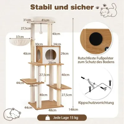 148 cm vysoký moderný škrabadlo pre mačky so sisalovými škrabadlami, jaskyňou a košíkom