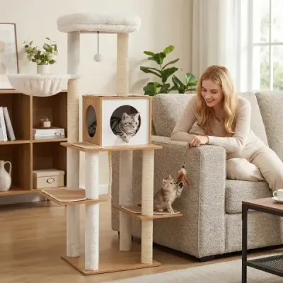 148 cm vysoký moderný škrabadlo pre mačky so sisalovými škrabadlami, jaskyňou a košíkom
