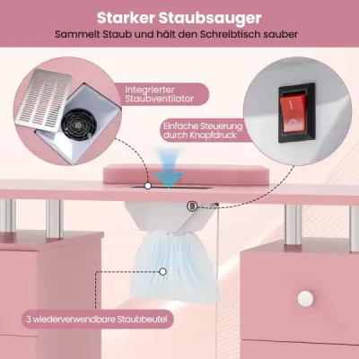 Manikúrny stôl s elektrickým odsávaním prachu, opierkou na zápästie a zásuvkami, ružový manikúrny stôl