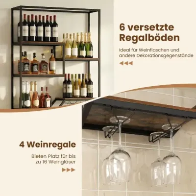Nástenný stojan na víno s úložným priestorom na fľaše a poháre, 6-poschodový závesný stojan, rustikálna hnedá