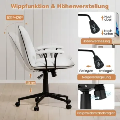 Ergonomická kancelárska stolička, koženková stolička s polstrovanými podrúčkami a širokým sedadlom, biela