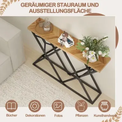 Konzolový stolík 140 cm, vstupný stolík vo vidieckom štýle s geometrickou kovovou podnožou, industriálny akcentový stolík