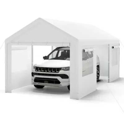 Zimná stanová garáž s odnímateľnými bočnými stenami, rolovacími dverami a vetranými oknami. Prístrešok pre auto, biely.