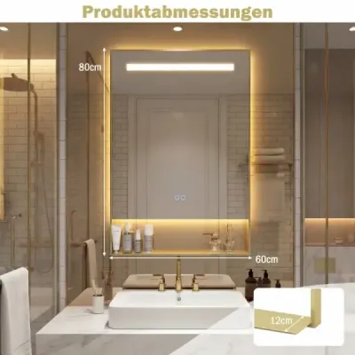 LED kúpeľňové zrkadlo s 3 farbami svetla a nastaviteľným jasom, nástenné kozmetické zrkadlo, 80 x 60 cm