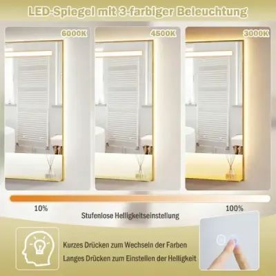 LED kúpeľňové zrkadlo s 3 farbami svetla a nastaviteľným jasom, nástenné kozmetické zrkadlo, 80 x 60 cm