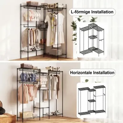 Prenosná skriňa, transformovateľný organizér na oblečenie s tvarom L a horizontálnou montážou, čierna