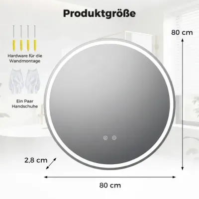 Okrúhle zrkadlo s LED osvetlením, Ø80 cm, nastaviteľným jasom a dotykovým spínačom