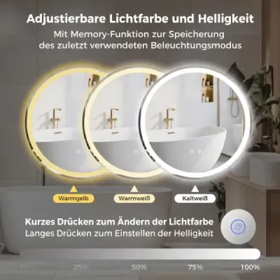 Okrúhle zrkadlo s LED osvetlením, Ø80 cm, nastaviteľným jasom a dotykovým spínačom