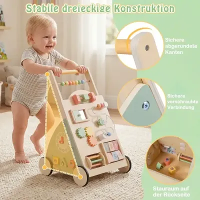 Drevené chodítko pre bábätká s kolieskami a úložným košíkom, chodítko na tlačenie pre bábätká