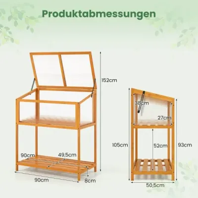 Drevený vyvýšený záhradný záhon s konštrukciou  a priehľadnou a výklopnou strechou, skleník, oranžový, 90 x 50,5 x 105 cm