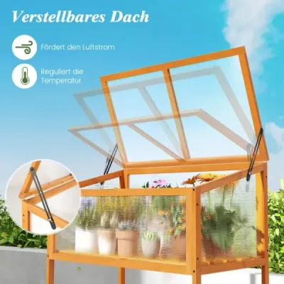 Drevený vyvýšený záhradný záhon s konštrukciou  a priehľadnou a výklopnou strechou, skleník, oranžový, 90 x 50,5 x 105 cm