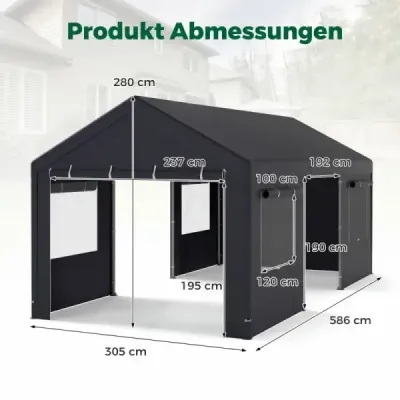 Stanová garáž 305 x 586 cm Skladovací stan s rolovacími vetracími oknami a odnímateľnými bočnými stenami Tmavo sivá