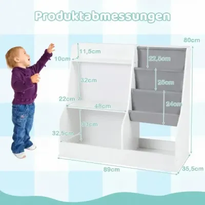 Detská knižnica Drevený organizér na hračky s 3 úrovňami látkových vreciek Biela