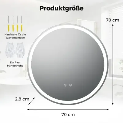 70 cm okrúhle kúpeľňové zrkadlo s LED osvetlením a nastaviteľným jasom