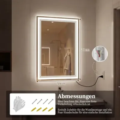 Obdĺžnikové kúpeľňové zrkadlo s LED osvetlením, proti zahmlievaniu a pamäťovou funkciou, nástenné zrkadlo 70 x 50 cm