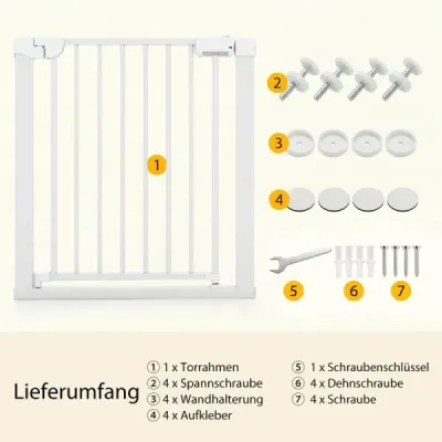 Schodová brána bez vŕtania, šírka 75-82 cm, bezpečnostná zábrana s automatickým zatváraním dverí, biela