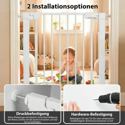 Schodová brána bez vŕtania, šírka 75-82 cm, bezpečnostná zábrana s automatickým zatváraním dverí, biela