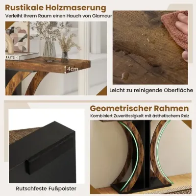 Úzky konzolový stolík s geometrickým kovovým rámom v industriálnom štýle, stolík k predsieni, stolík k pohovke, hnedý