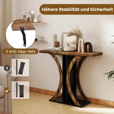 Úzky konzolový stolík s geometrickým kovovým rámom v industriálnom štýle, stolík k predsieni, stolík k pohovke, hnedý