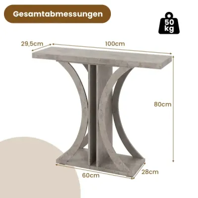 Úzky konzolový stolík s geometrickým kovovým rámom v industriálnom štýle, stolík k predsieni, stolík k pohovke, sivý