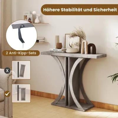 Úzky konzolový stolík s geometrickým kovovým rámom v industriálnom štýle, stolík k predsieni, stolík k pohovke, sivý