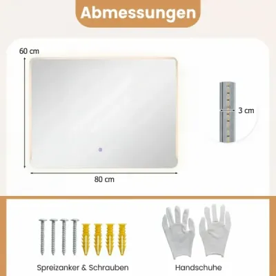 LED kúpeľňové zrkadlo s 3-farebným osvetlením a úpravou proti zahmlievaniu, nástenné zrkadlo, kozmetické zrkadlo, 80 x 60 cm