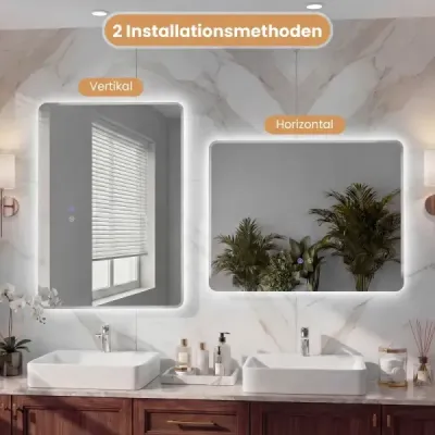LED kúpeľňové zrkadlo s 3-farebným osvetlením a úpravou proti zahmlievaniu, nástenné zrkadlo, kozmetické zrkadlo, 80 x 60 cm
