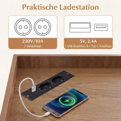 Rohová knižnica s nabíjacou stanicou, rohová polica s 9 priehradkami, 2 USB portami a 4 zásuvkami, prírodná povrchová úprava