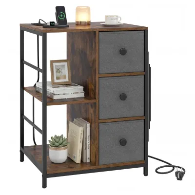 Kartotéka s otvorenými policami nabíjacou stanicou látkovými zásuvkami a bočnými vreckami bočný stolík