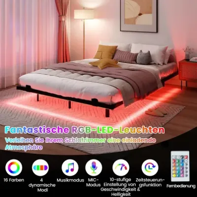 Manželská posteľ, plávajúci rám postele s LED osvetlením, moderný kovový rám postele, čierna, 140 x 200 cm
