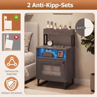 Moderner Nachttisch mit LED-Lichtern & Oberem Tablett Beistelltisch Sofatisch Nachtschrank Grau