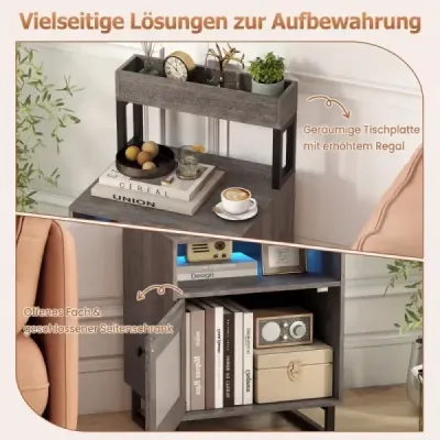 Moderner Nachttisch mit LED-Lichtern & Oberem Tablett Beistelltisch Sofatisch Nachtschrank Grau