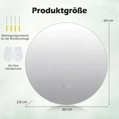 Ø60 Okrúhly zrkadlo s LED osvetlením s nastaviteľnou jasnosťou a inteligentným dotykovým ovládaním Kúpeľňové zrkadlo