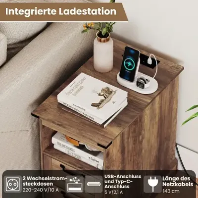 Sada 2 nočných stolíkov s nabíjacou stanicou Úzky odkladací stolík s odkladacím priestorom a 2 zásuvkami Hnedý