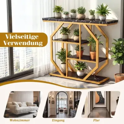 100 cm konzolový stolík 4-stupňový moderný vstupný stolík s odkladacími plochami a umelým mramorovým stolovým doskou Čierna