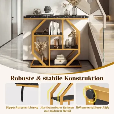 100 cm konzolový stolík 4-stupňový moderný vstupný stolík s odkladacími plochami a umelým mramorovým stolovým doskou Čierna