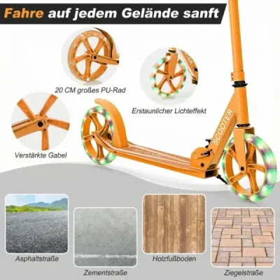 Skladací kolobežka s nosnosťou 100 kg a 2 LED kolesami Výškovo nastaviteľná kolobežka Kolobežka Oranžová