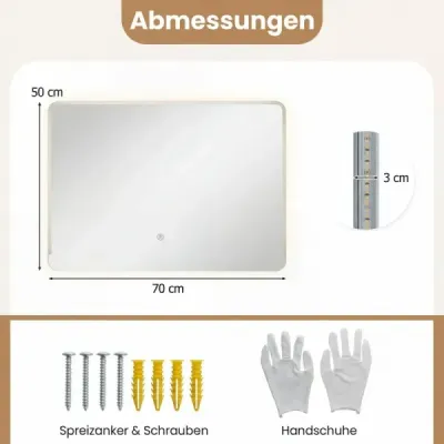 LED kúpeľňové zrkadlo s protizamlžovacím efektom, stmievateľné osvetlené kozmetické zrkadlo 70 x 50 cm