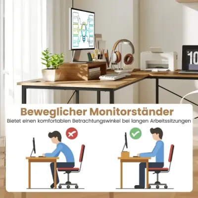 L-tvarový počítačový stôl, premeniteľný rohový stôl s odnímateľným stojanom na monitor, prírodný