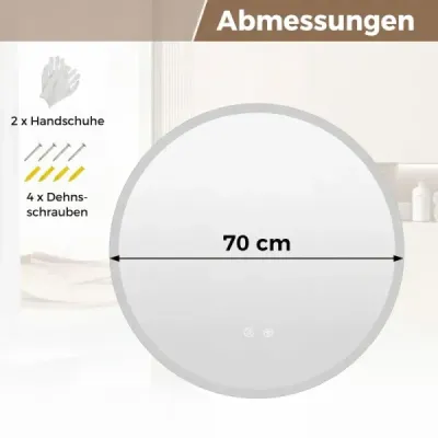 Ø70 cm Okrúhle zrkadlo s osvetlením a protizamlžovacím efektom Nástenné zrkadlo s 3 farbami osvetlenia