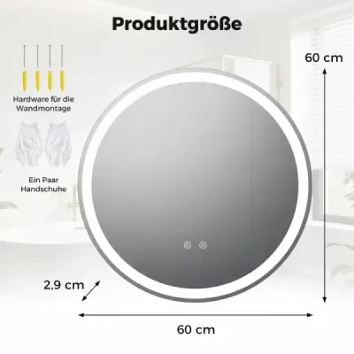 60 cm okrúhly zrkadlo s LED osvetlením Kúpeľňové zrkadlo s nastaviteľnou jasnosťou Strieborné