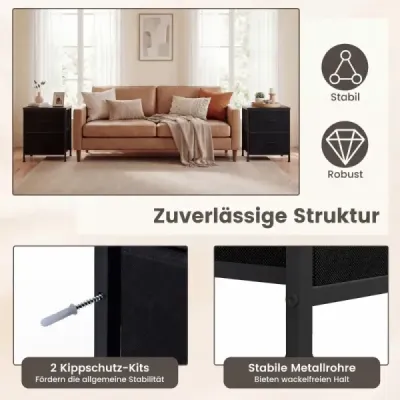 Sada 2 nočných stolíkov/príručných stolíkov s 2 látkovými zásuvkami a kovovým rámom, moderný nočný stolík, čierna